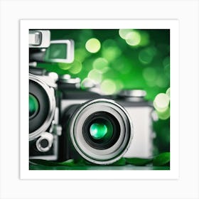 Vintage Camera On Green Background Art Print