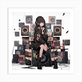 Anime Girl Sitting In Front Of Speakers 1 Art Print