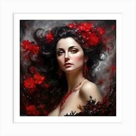 Woman With Red Flowers Art Print