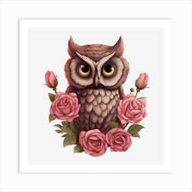 Owl With Roses 19 Art Print