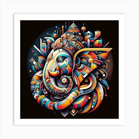 "Abstract Aum: Ganesha's Cosmic Dance" - This piece presents Lord Ganesha in an intricate abstract style, blending traditional iconography with futuristic geometry. The deity is at the center of a cosmic dance, surrounded by shapes and symbols that represent the vibrancy of the universe. The use of bold, electric colors against the dark background makes Ganesha's form pop, symbolizing his divine light amidst the chaos of the cosmos. This artwork is a perfect blend of spirituality and modern design, ideal for adding a striking and thought-provoking presence to any contemporary space. Art Print