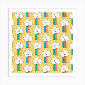 Smile Cloud Rainbow Pattern Yellow Art Print