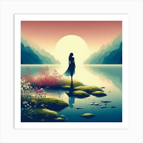 Girl Standing By The Lake Art Print