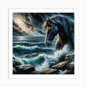 Black Horse In The Sea Art Print