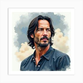 Watercolor Portrait Of Keanu Reeves Against A Backdrop Of Swirling Clouds 1 Art Print