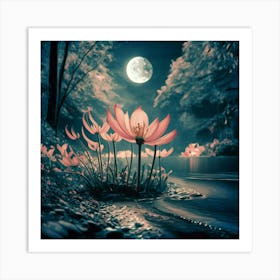 Lotus Flower In The Moonlight Art Print