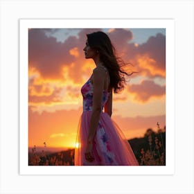 Gorgeous Woman In Watercolor Dress, Vibrant Sunset Sky 1 Art Print