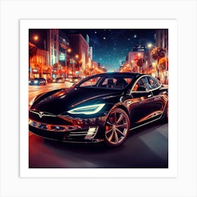 Tesla Model S At Night 1 Art Print