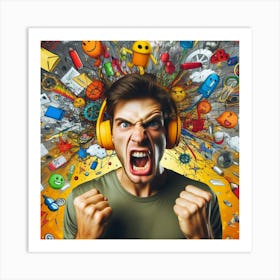 Young Man With Headphones And Social Media Icons Art Print