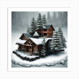 Small wooden hut inside a dense forest of pine trees with falling snow 12 Art Print