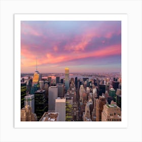 A captivating aerial view of an urban cityscape at sunset, with skyscrapers illuminated against a warm and colorful sky. This cityscape image can serve as a striking piece of wall art, bringing the dynamic energy of the city into the home and appealing to those with a love for urban aesthetics. Art Print