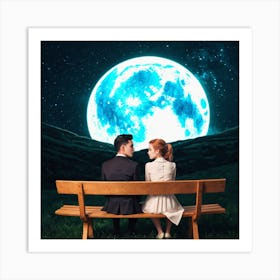 Couple Sitting On A Bench Under The Moon 6 Art Print