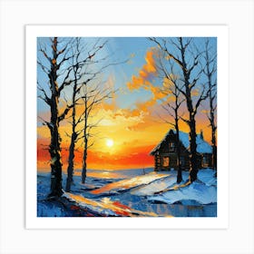 Cabin And Sunset Art Print