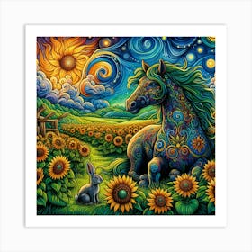 Sunflowers And Horses Art Print