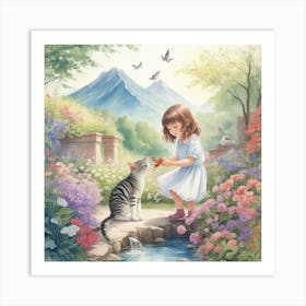 Little Girl Feeding Cat Art Print