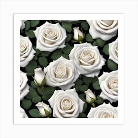 White Roses On Black Background 1 Art Print