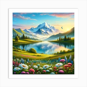 Landscape With Mountains And Flowers Art Print