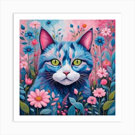 Blue Cat In Flowers Art Print