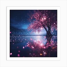 Moonlight Reflections, Pink Cherry Blossom on the Lake Art Print