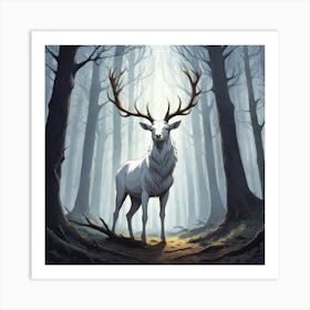 A White Stag In A Fog Forest In Minimalist Style Square Composition 12 Art Print