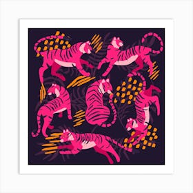 Pink Tigers On Dark Purple Square Art Print