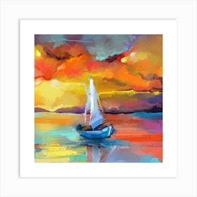 Sailboat At Sunset.Printed wall painting, high-level art. Art Print