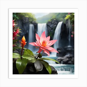 Lotus Flower And Waterfall Art Print