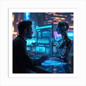 Futuristic Man Using A Computer Art Print