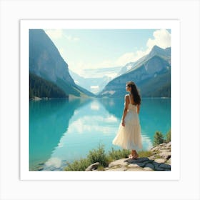 Beautiful Lady In A Watercolor Majestic Lake 1 Art Print