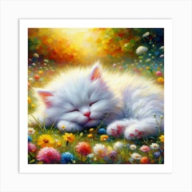 White Kitten Sleeping In The Meadow Art Print