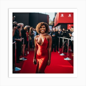 Available to purchase - A Black Woman Voluptuous Sexy Wearing A Lowcut Red Latex Dress on Red Carpet - Created by Midjourney Art Print