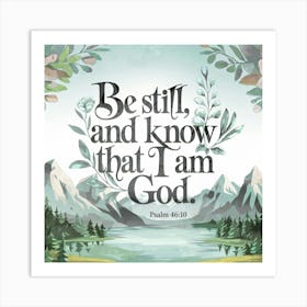 Bible Verse, Psalms 46:10; Be Still And Know That I Am God, Christian Art, Mountains, Lake, Flowers Art Print