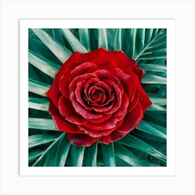 Red Rose On Green Leaves 1 Art Print