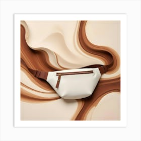 A White Fanny Pack With A Brown Strap Displayed Against An Abstract Background Of Flowing Brown And White Swirls Art Print