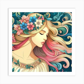 Girl With Flowers In Her Hair 5 Art Print