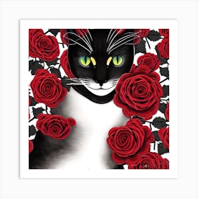 Cat And Roses Art Print