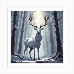 A White Stag In A Fog Forest In Minimalist Style Square Composition 67 Art Print