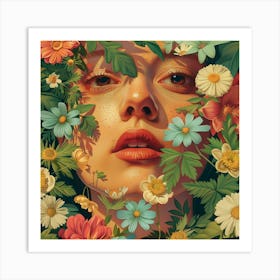 Girl Surrounded By Flowers Art Print