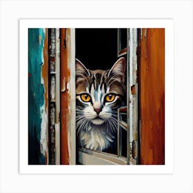 Cat Peeking Out Of The Window Art Print