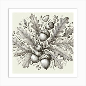 Line Art acorns and leaves 3 Art Print