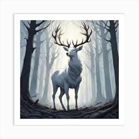 A White Stag In A Fog Forest In Minimalist Style Square Composition 5 Art Print