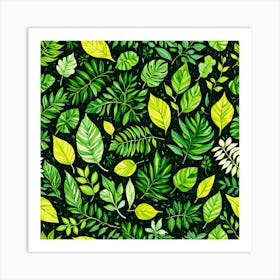 Seamless Pattern With Green Leaves, Different Types Of Leaves And Their Textures art print Art Print