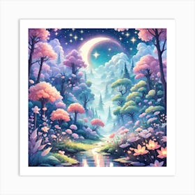 A Fantasy Forest With Twinkling Stars In Pastel Tone Square Composition 328 Art Print