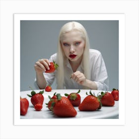 Albino woman with strawberries, professional shot Art Print