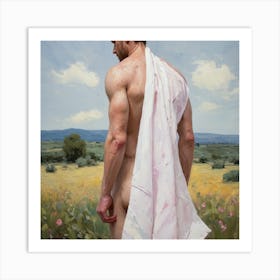Naked Man In White Robe In Field, Vincent Van Gogh Style Art Print