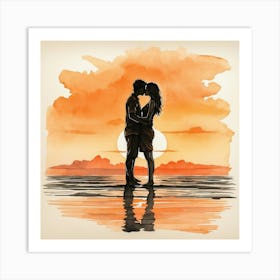 Couple Kissing At Sunset 1 Art Print