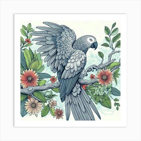 Line Art grey parrot 2 Art Print