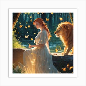 Lion And A Woman Art Print