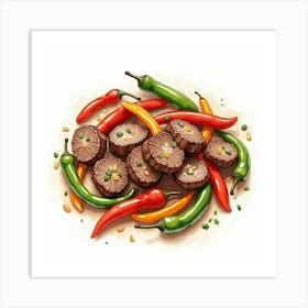 Illustration Of Meat And Peppers Art Print