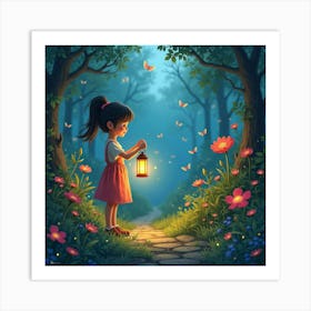 A Girl Standing In A Magical Garden, Holding A Lantern, Surrounded By Glowing Flowers And Butterflies Art Print